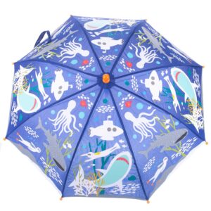 Blue umbrella with sea creatures and submarines design.