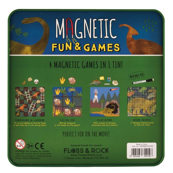 Magnetic dinosaur-themed board games in tin box.