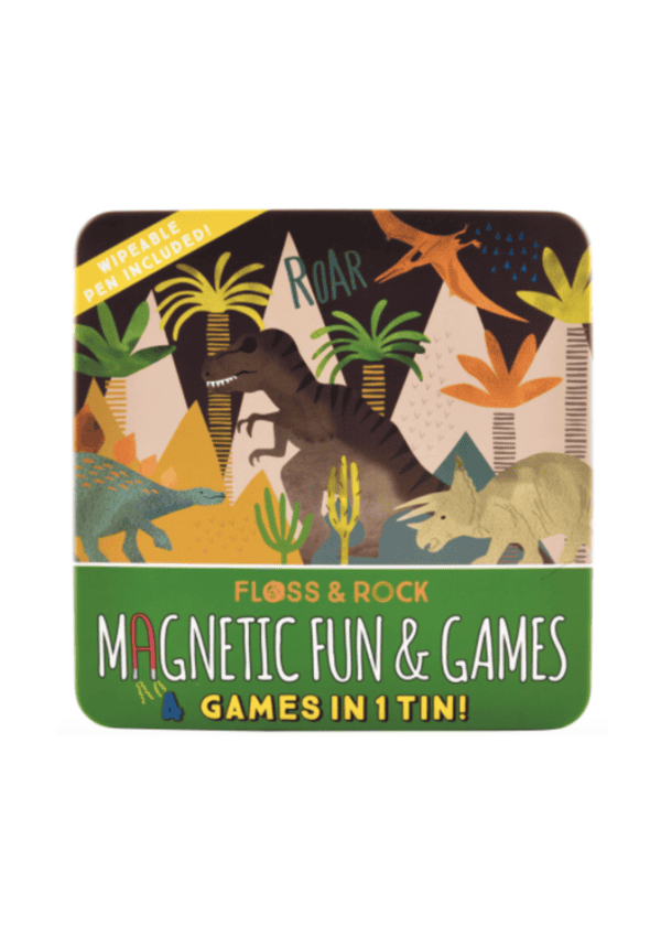 Dinosaur themed magnetic games tin with pen.