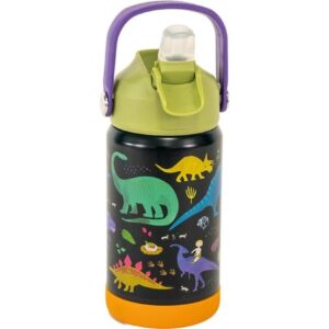 Dinosaur-themed water bottle with green and purple lid