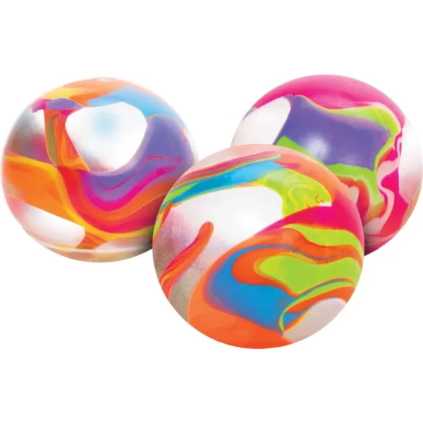Three colorful bouncy balls with swirled patterns.