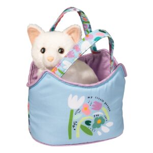 Plush cat in blue floral handbag