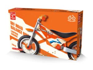 Orange off-road balance bike for toddlers, Hape brand.