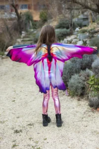 Child in colorful butterfly costume outdoors.