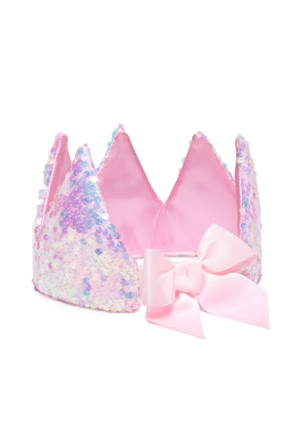 Pink sequin crown with a large bow.