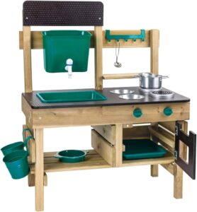 Wooden outdoor play kitchen set with accessories.