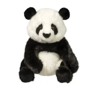 Plush panda toy sitting upright, cute and fluffy.