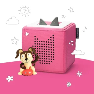 Pink audio box with playful dog figure.