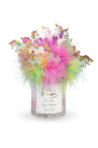 Colorful fluffy unicorn pens in a container.