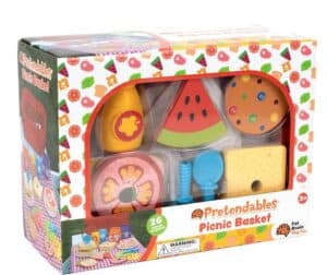 Toy picnic basket with food items for kids.