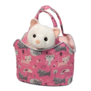 Plush ferret toy in a pink cat bag.