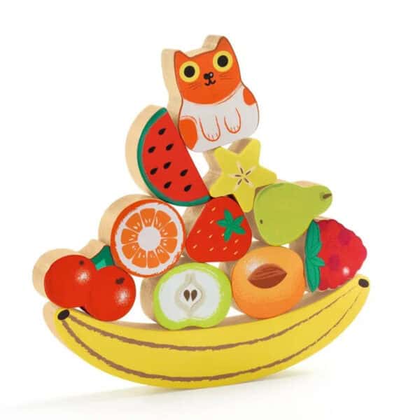 Colorful wooden fruit and cat stacking puzzle toy.