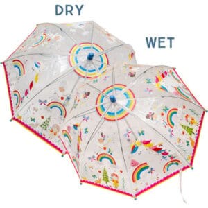 Color-changing umbrellas with rainbow patterns, dry and wet effects.