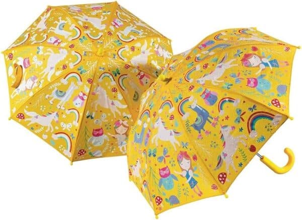 Yellow umbrellas with unicorn and rainbow designs.
