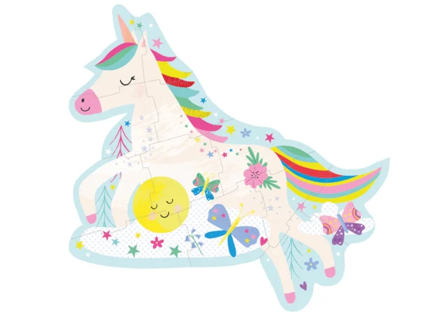 Colorful unicorn puzzle with butterflies and stars.