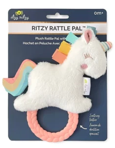Unicorn plush rattle toy with teething ring, Itzy Ritzy.