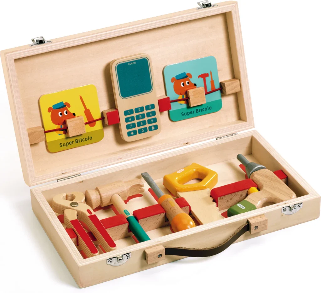 Wooden toy toolbox with assorted tools for kids.