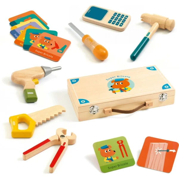 Toy tool set with wooden case and tools.
