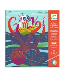 Octopus wrapping tentacles around pirate ship illustration.