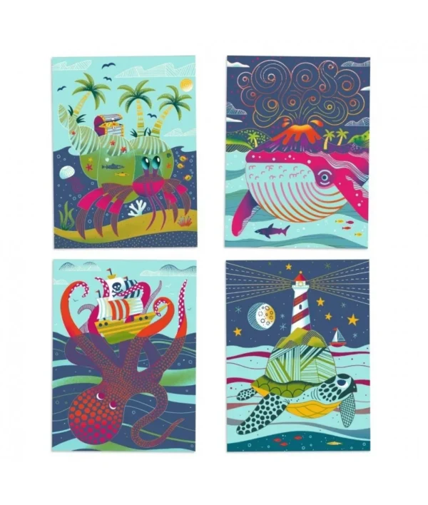 Colorful ocean creatures in whimsical illustrations.