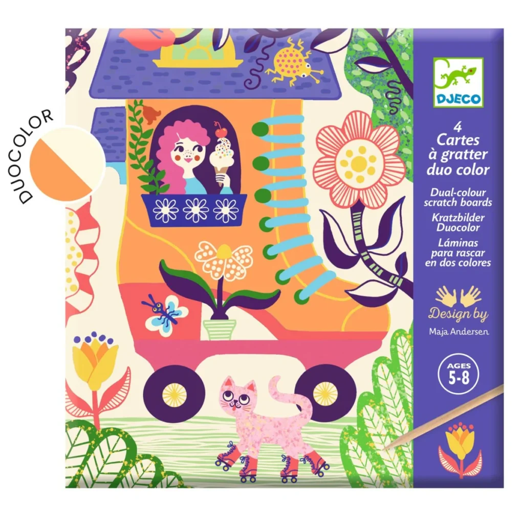 Colorful kids' scratch art kit with playful design.