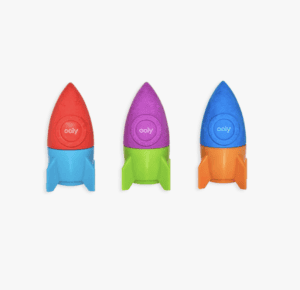 Three colorful rocket-shaped erasers.