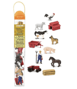 Farm toy set with animals and accessories.