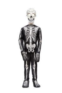 Child wearing a skeleton costume for Halloween.