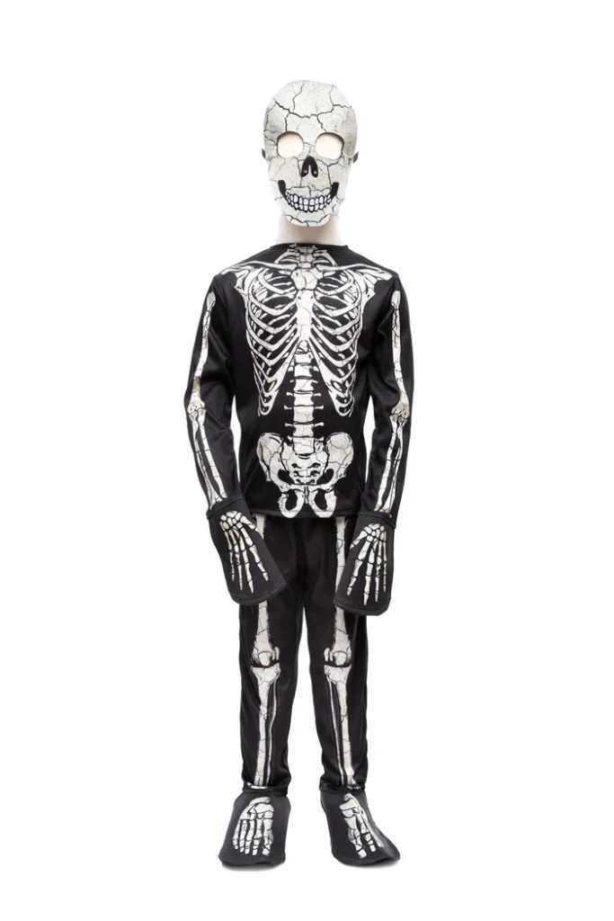 Child wearing a skeleton costume for Halloween.