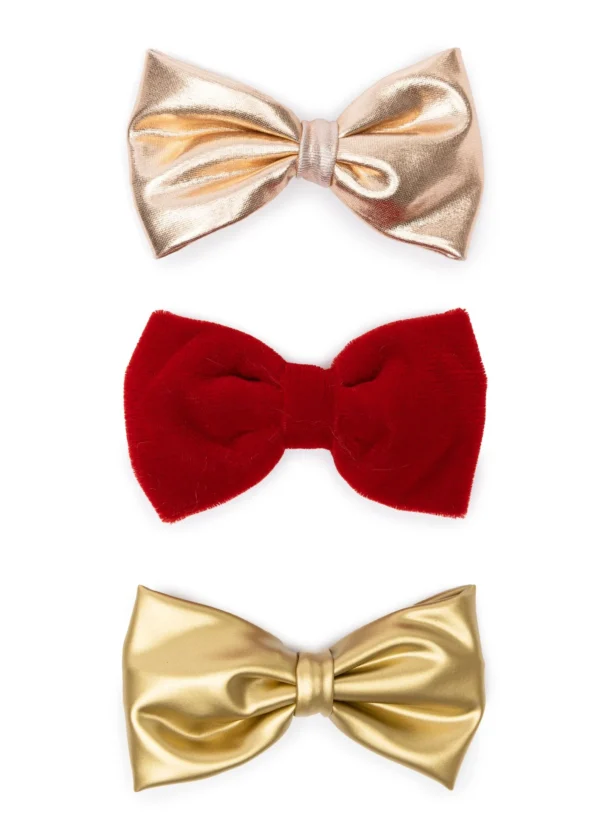 Three metallic and velvet bow ties in gold, red.