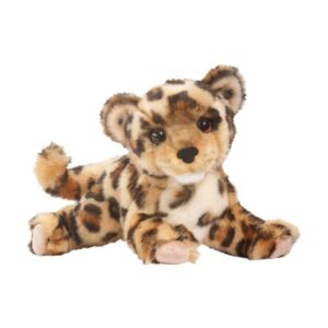 Plush leopard toy with spots and cute eyes.
