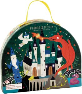 Children's magical castle toy box with dragon design.