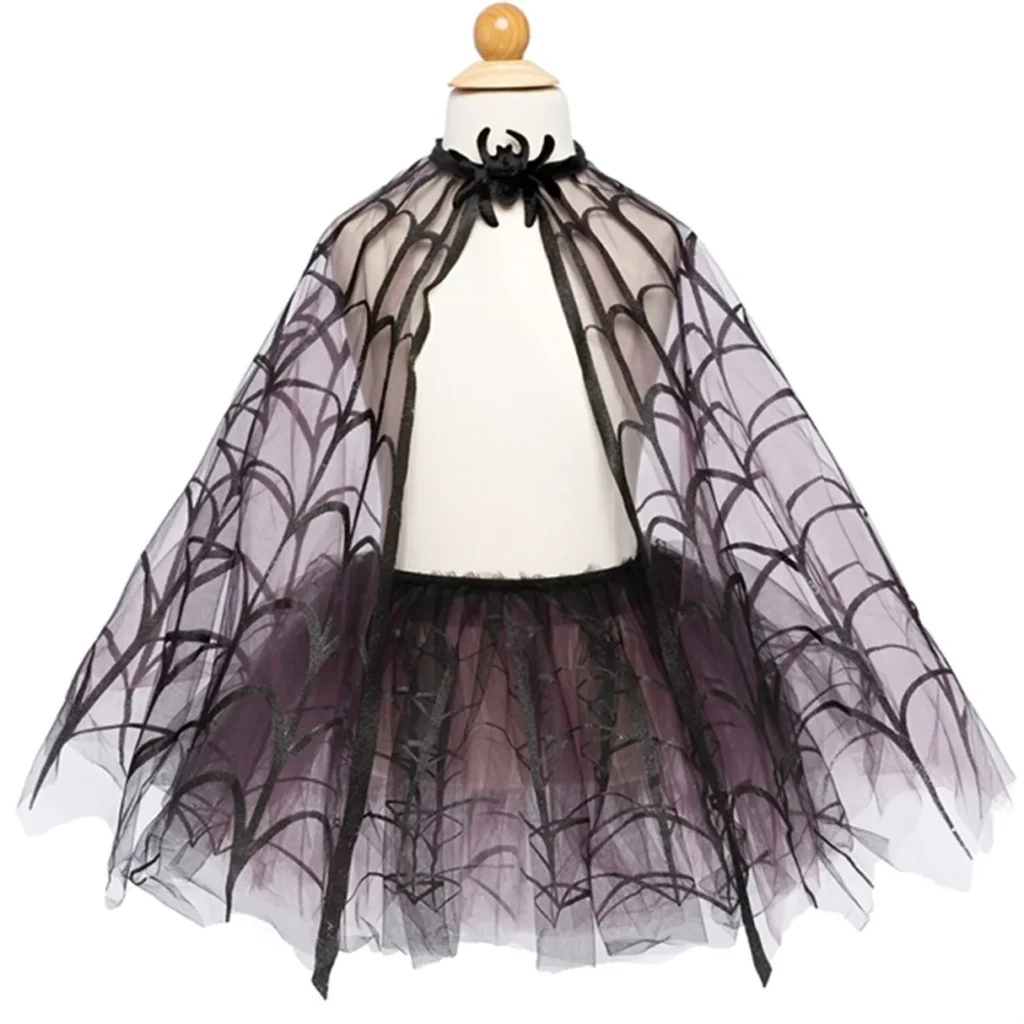 Child's spider web cape with black design.