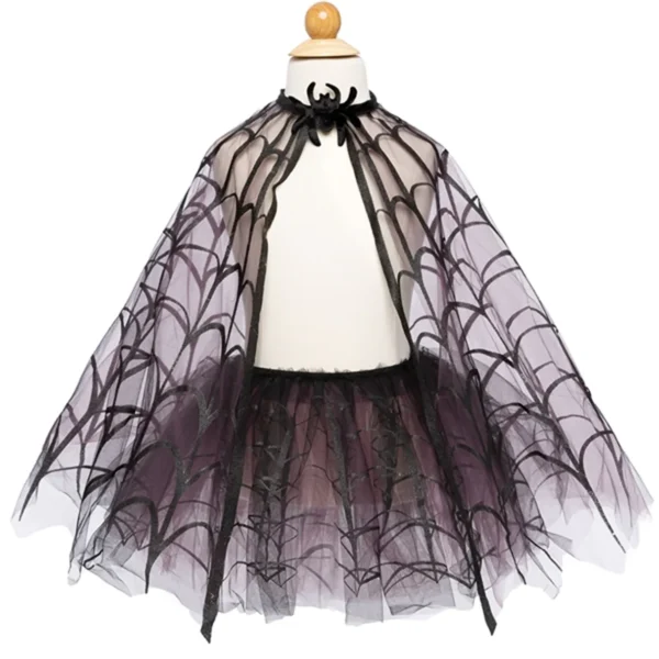 Child's spider web cape with black design.