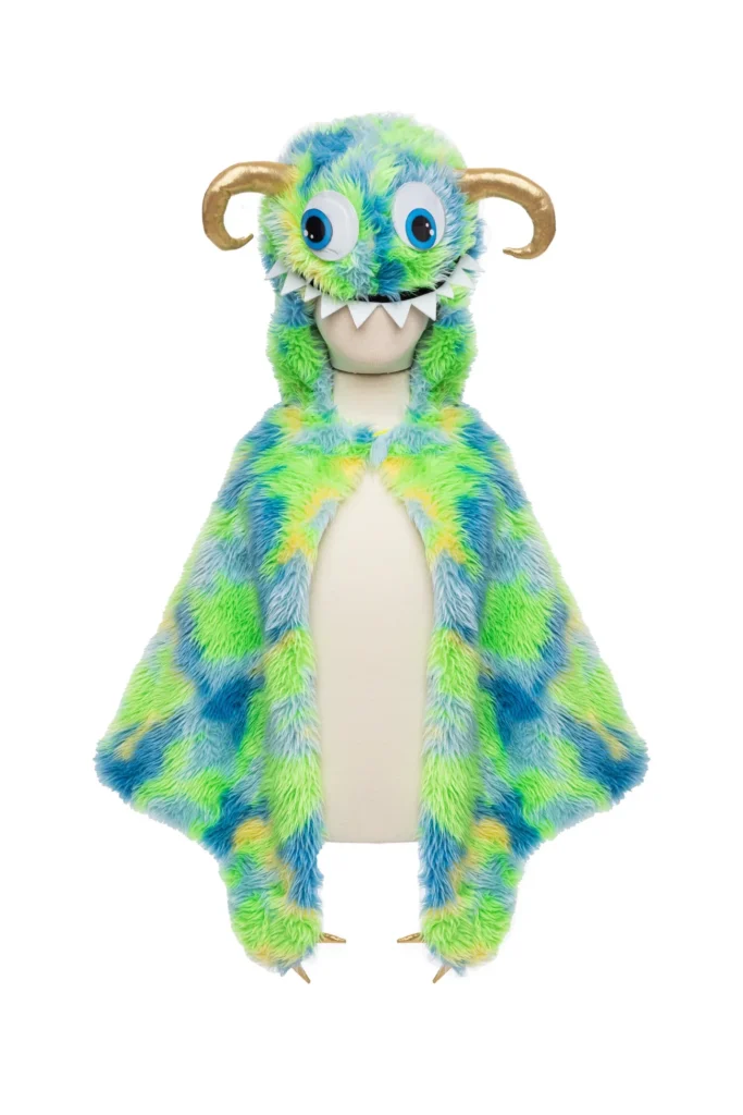 Colorful furry monster costume with horns and teeth.