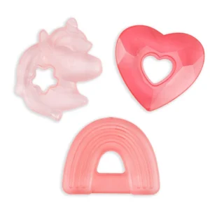 Teething toys: unicorn, heart, rainbow shapes.
