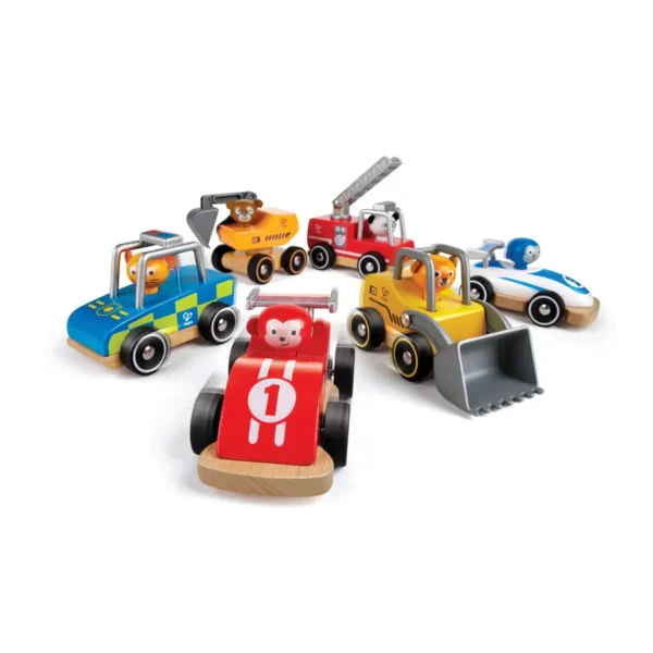 Colorful wooden toy cars with animal drivers