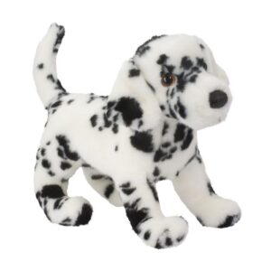 Spotty stuffed dog toy with black and white fur.