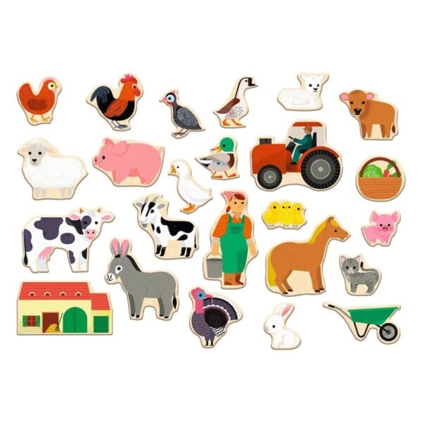Colorful farm animals and equipment illustration.