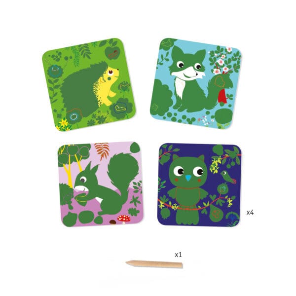Colorful animal-themed cards with wooden pencil.