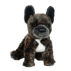 Plush brindle French Bulldog toy with white chest.