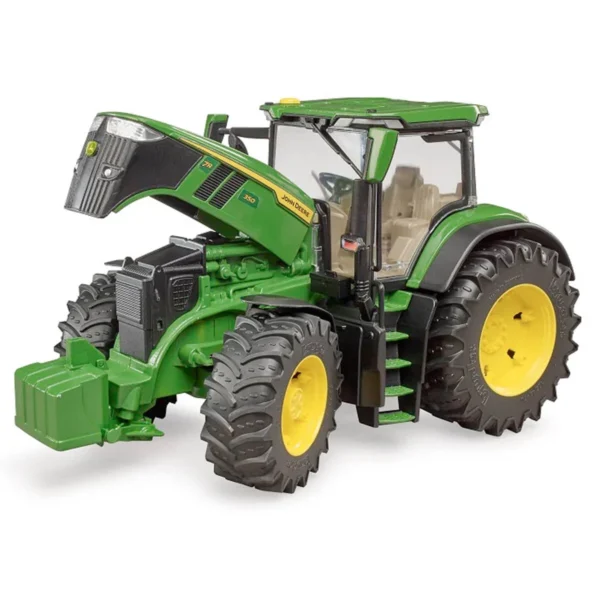 Green tractor toy model with open hood