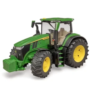Green toy tractor with yellow wheels