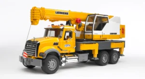 Yellow toy crane truck with telescopic arm.