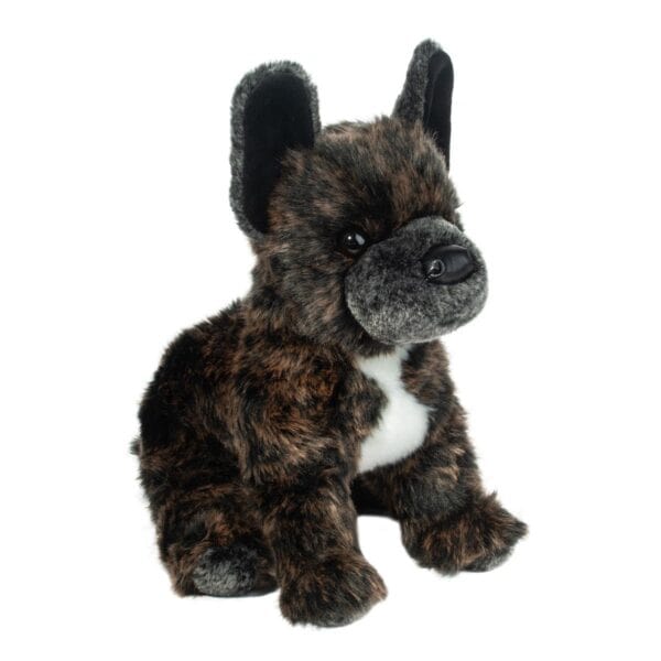 Plush brindle French Bulldog toy sitting.