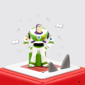 Toy astronaut figure on red speaker device