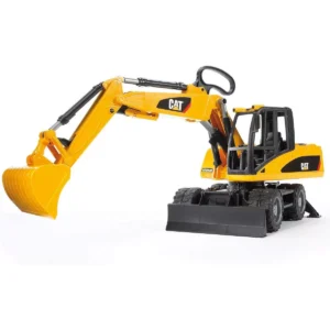 Yellow toy excavator with shovel on wheels.
