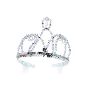 Beaded silver tiara with decorative elements.
