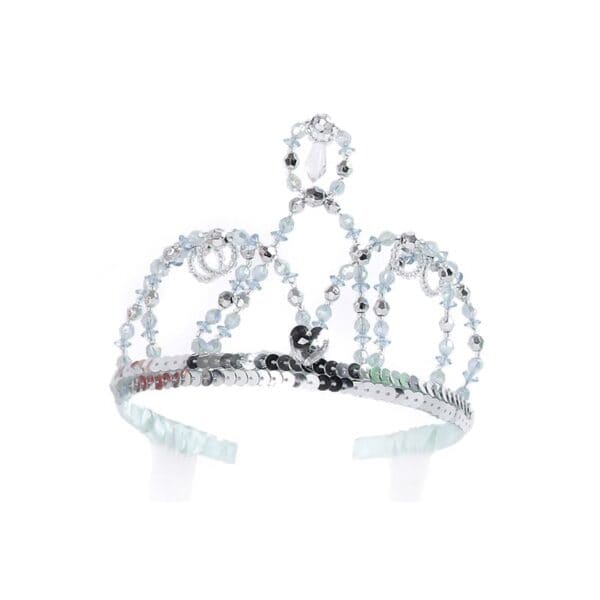 Beaded silver tiara with decorative elements.