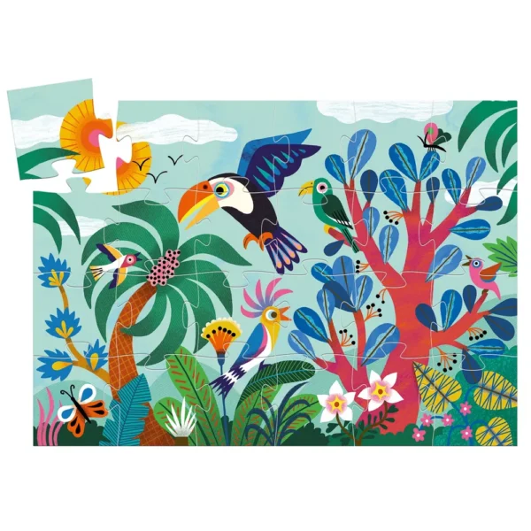 Colorful jungle illustration with birds and plants